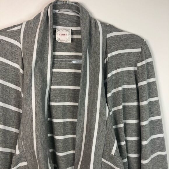 Nymphe Grey White Striped Open Front Cascade Cardigan Sweater Cover Up Medium - Picture 2 of 7